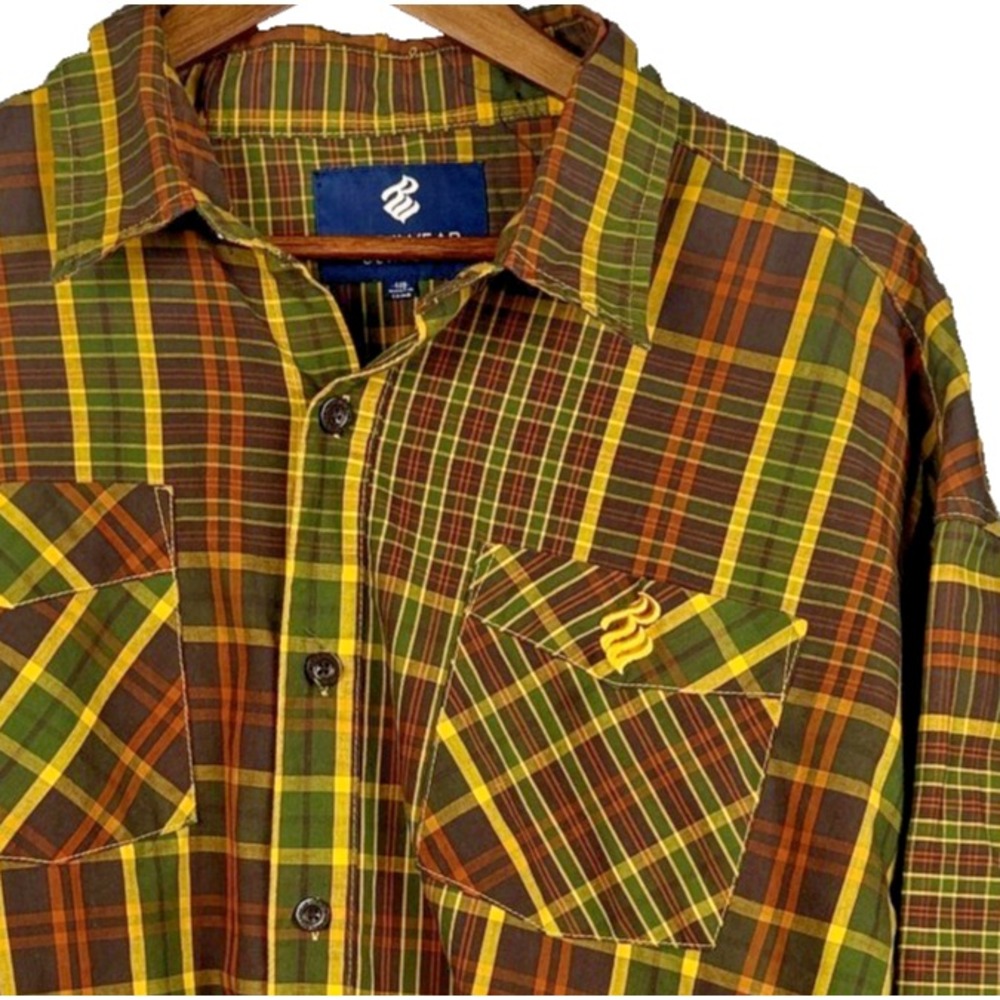 Rocawear Classic Plaid Shirt Mens 4XB Green Yellow Short Sleeve Y2K Streetwear